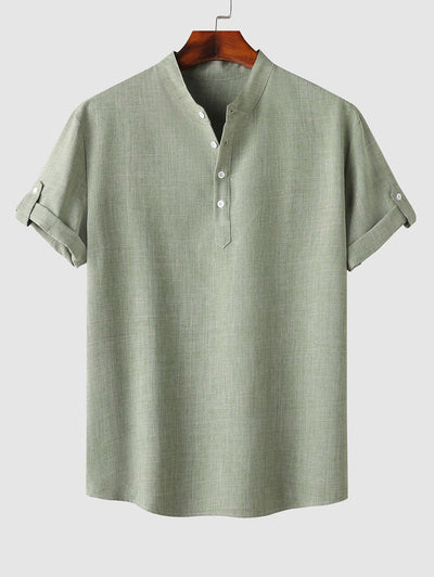 Men's Half Buttoned Solid Color Rolled Up Short Sleeves Popover Shirt Kosyway