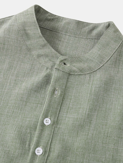 Men's Half Buttoned Solid Color Rolled Up Short Sleeves Popover Shirt