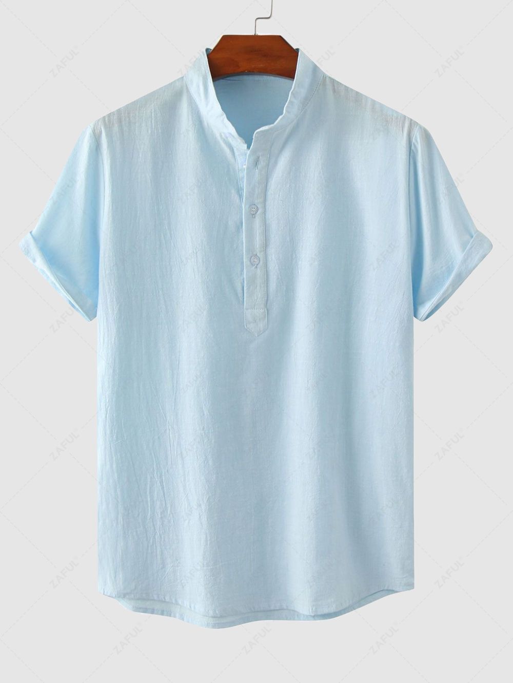 Men's Solid Color Half Buttoned Stand Collar Popover Short Sleeves Shirt