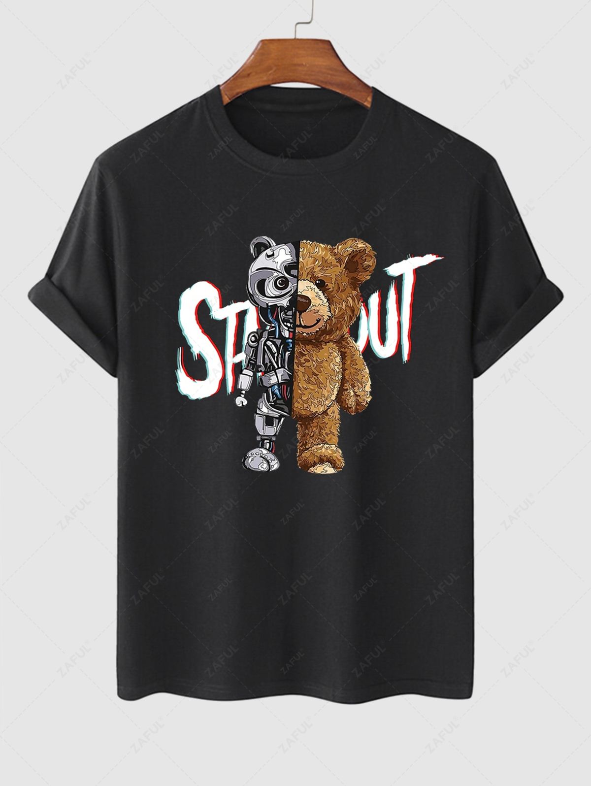 Men's Letter Robot Bear Graphic Printed Short Sleeves T-shirt