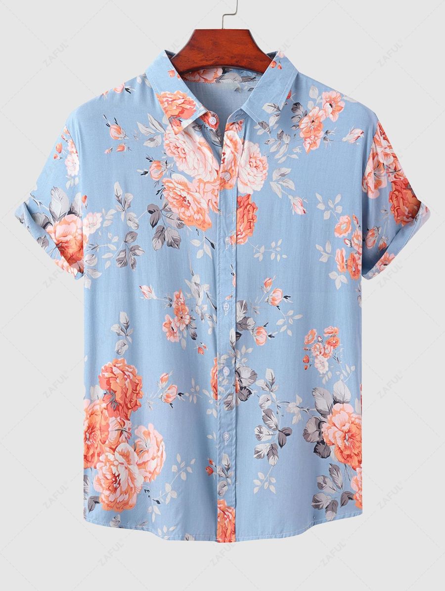 Men's Floral Leaves Print Button Up Short Sleeves Hawaii Vacation Shirt