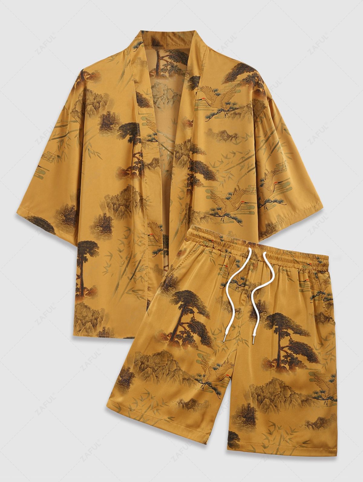 Men's Matching Two Piece Chinese Style Silky Satin Crane Plant Tree Open Front Kimono and Shorts Set Kosyway