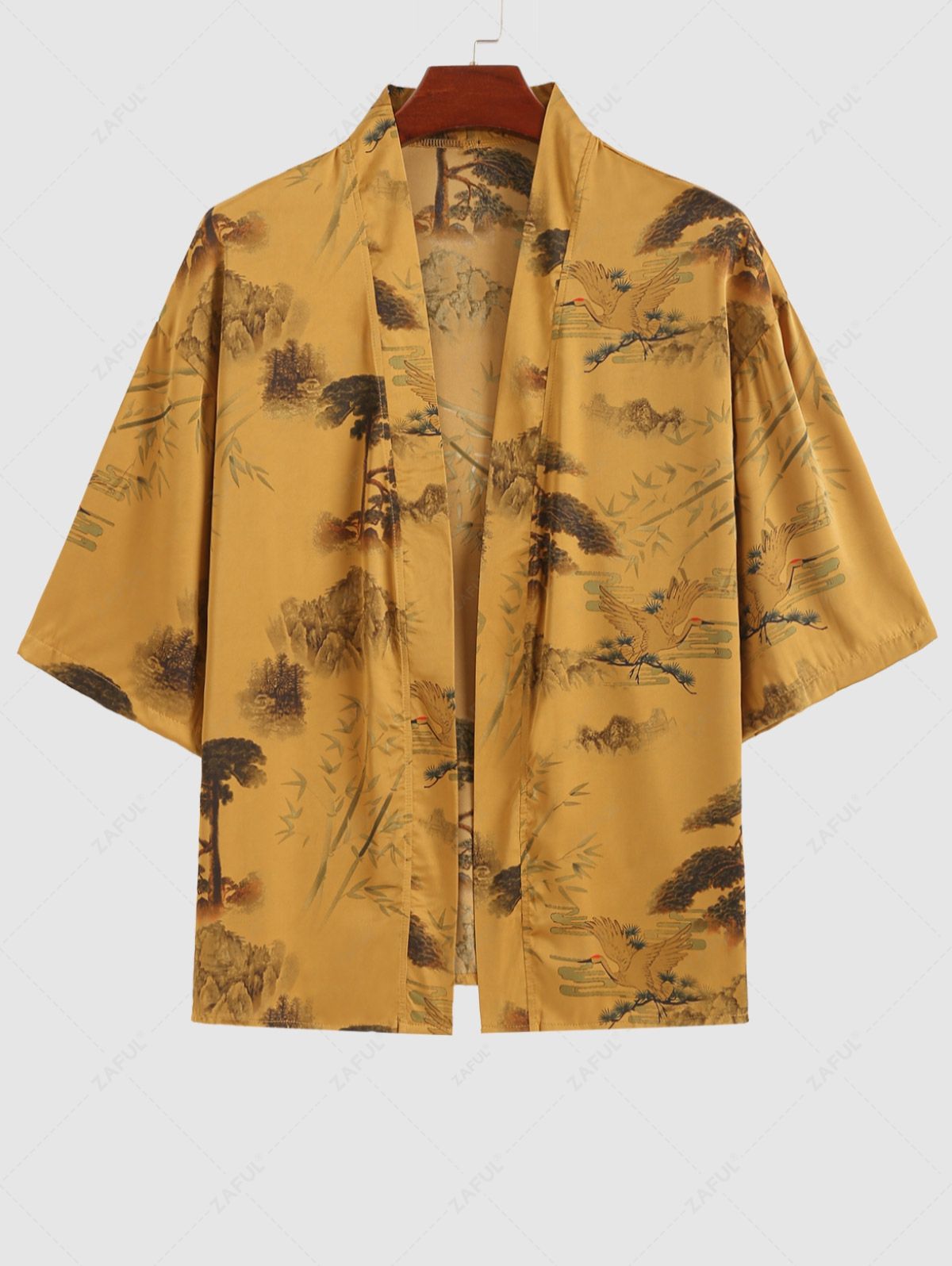 Men's Matching Two Piece Chinese Style Silky Satin Crane Plant Tree Open Front Kimono and Shorts Set