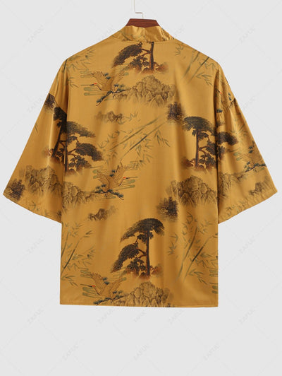 Men's Matching Two Piece Chinese Style Silky Satin Crane Plant Tree Open Front Kimono and Shorts Set Kosyway