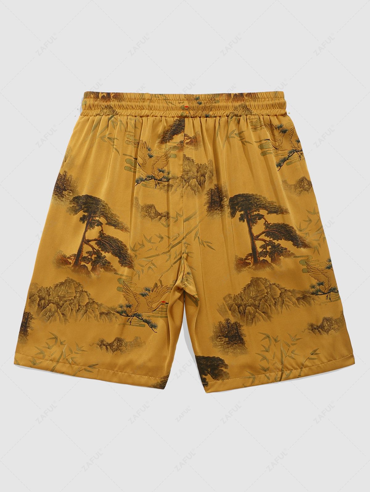 Men's Matching Two Piece Chinese Style Silky Satin Crane Plant Tree Open Front Kimono and Shorts Set Kosyway