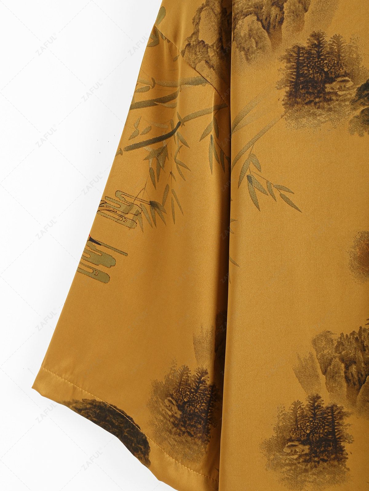 Men's Matching Two Piece Chinese Style Silky Satin Crane Plant Tree Open Front Kimono and Shorts Set Kosyway