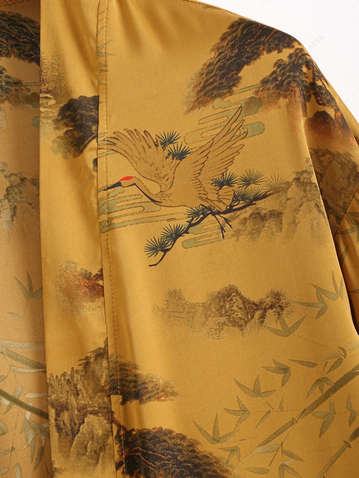 Men's Matching Two Piece Chinese Style Silky Satin Crane Plant Tree Open Front Kimono and Shorts Set Kosyway