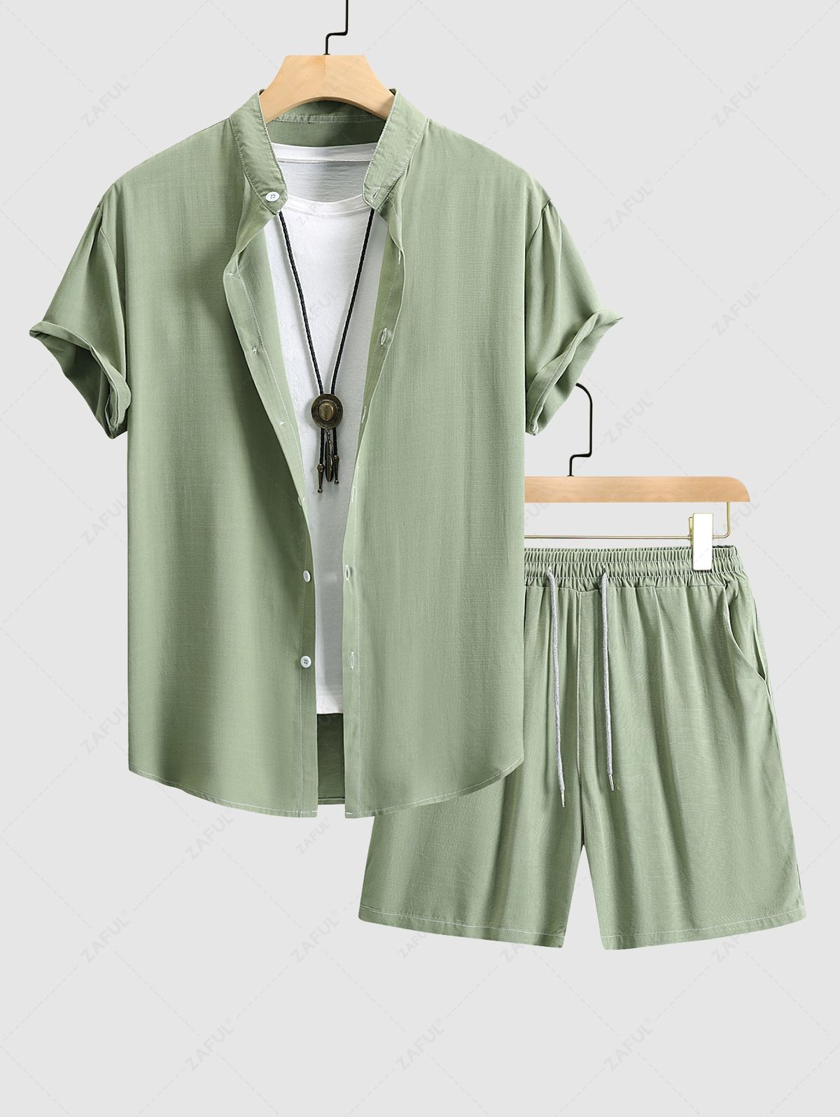 Men's Matching Two Piece Co Ord Stand Collar Solid Color Button Up Short Sleeves Shirt and Drawstring Casual Shorts Set