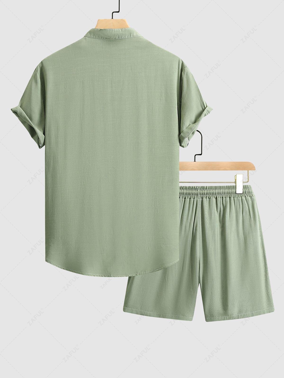 Men's Matching Two Piece Co Ord Stand Collar Solid Color Button Up Short Sleeves Shirt and Drawstring Casual Shorts Set