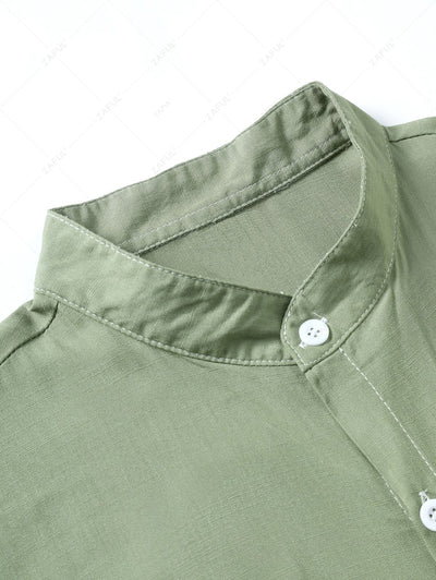 Men's Matching Two Piece Co Ord Stand Collar Solid Color Button Up Short Sleeves Shirt and Drawstring Casual Shorts Set