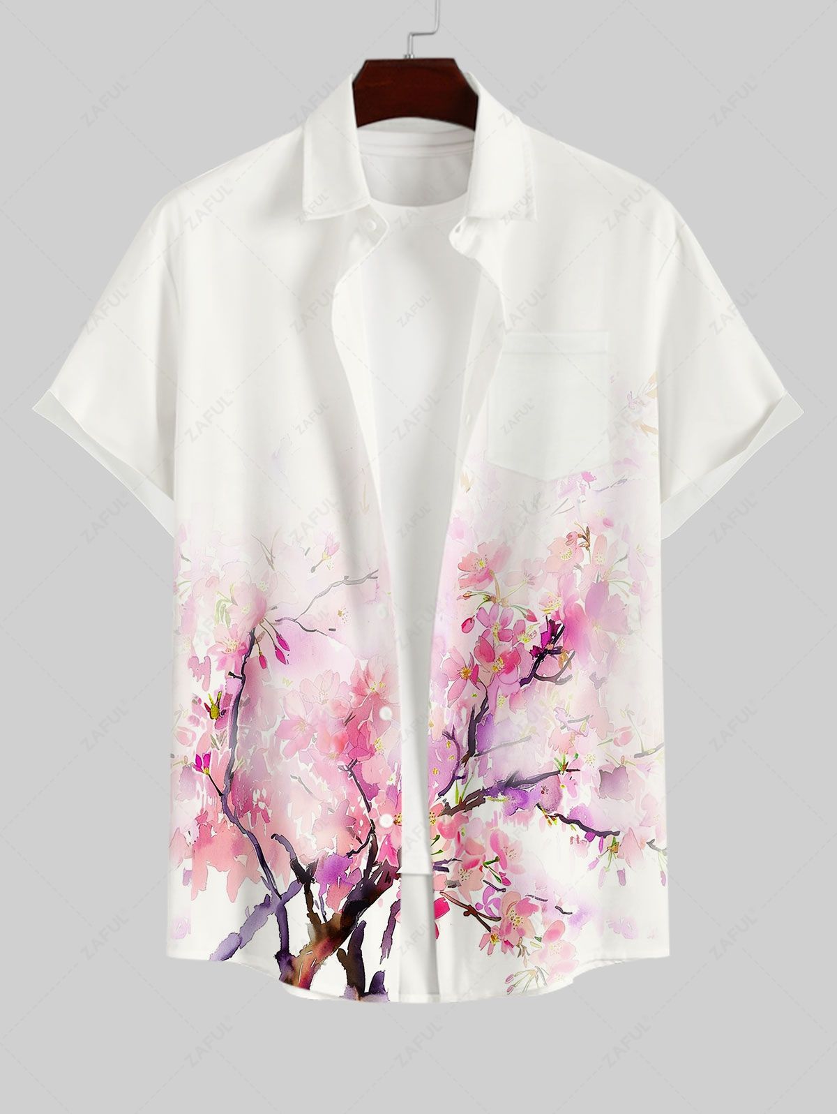 Men's Turn-down Collar Watercolor Flower Printed Full Buttons Pocket Shirt Kosyway