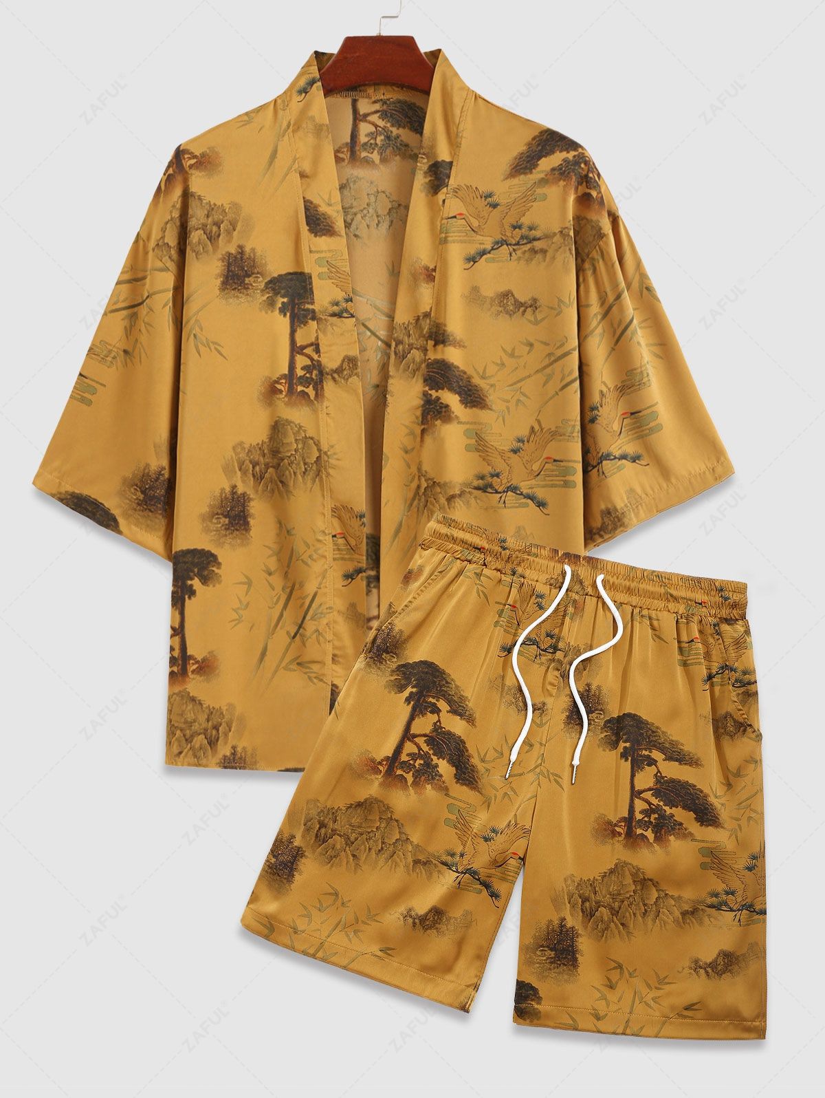 Men's Matching Two Piece Chinese Style Silky Satin Crane Plant Tree Open Front Kimono and Shorts Set