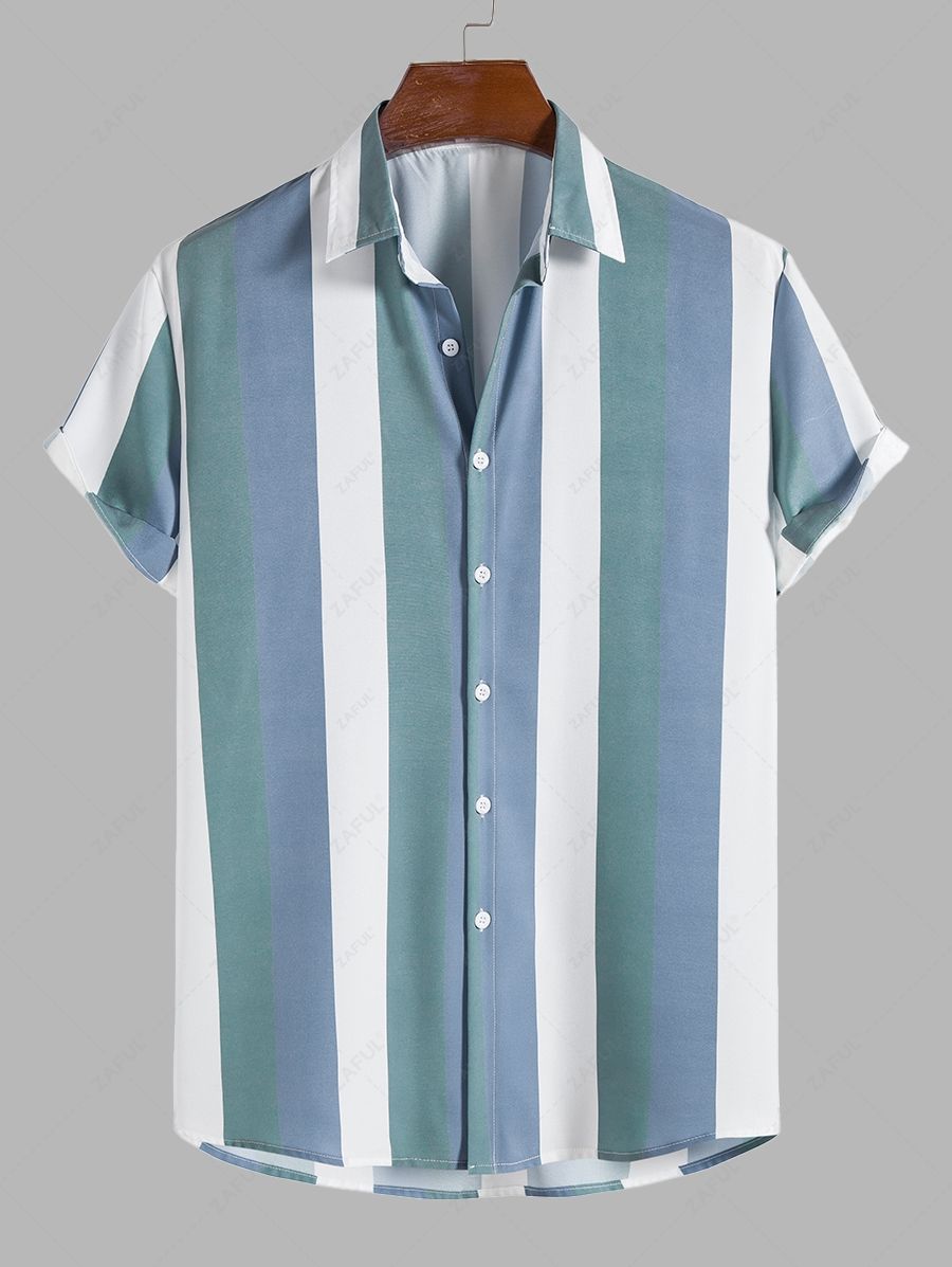 Men's Colorblock Vertical Stripes Button Up Short Sleeves Shirt