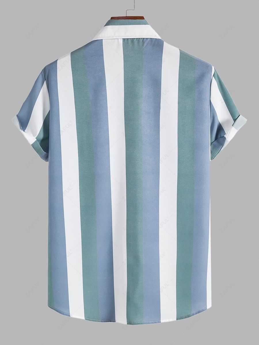 Men's Colorblock Vertical Stripes Button Up Short Sleeves Shirt Kosyway