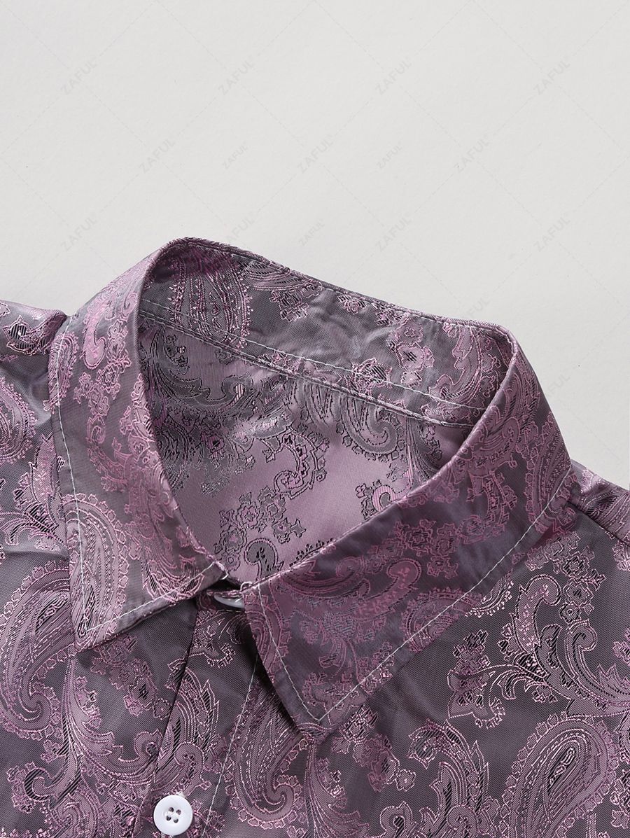 Men's Satin Paisley Jacquard Button Up Short Sleeves Shirt Kosyway