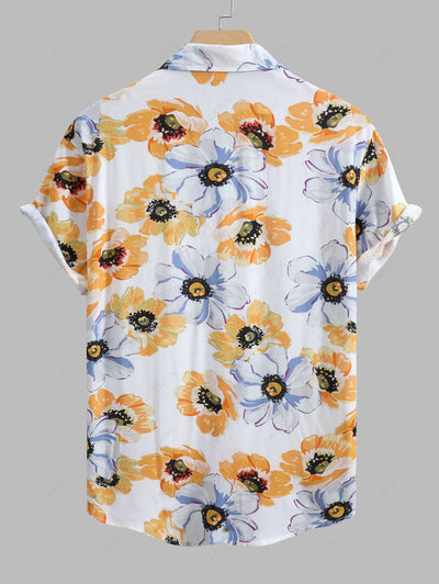 Men's Floral Print Button Up Short Sleeves Hawaii Vacation Shirt