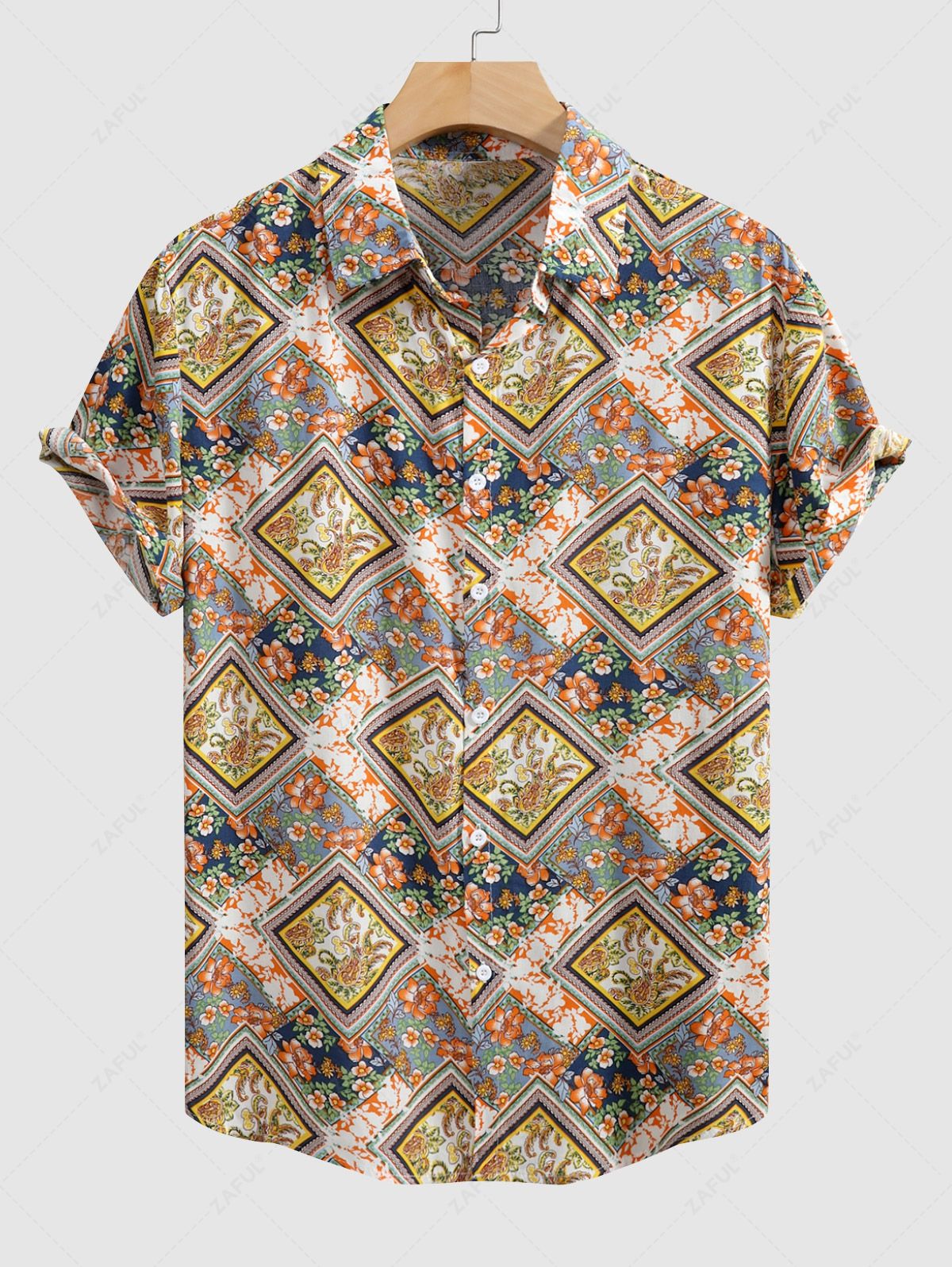 Men's Ethnic Paisley Floral Print Button Up Short Sleeves Vacation Shirt