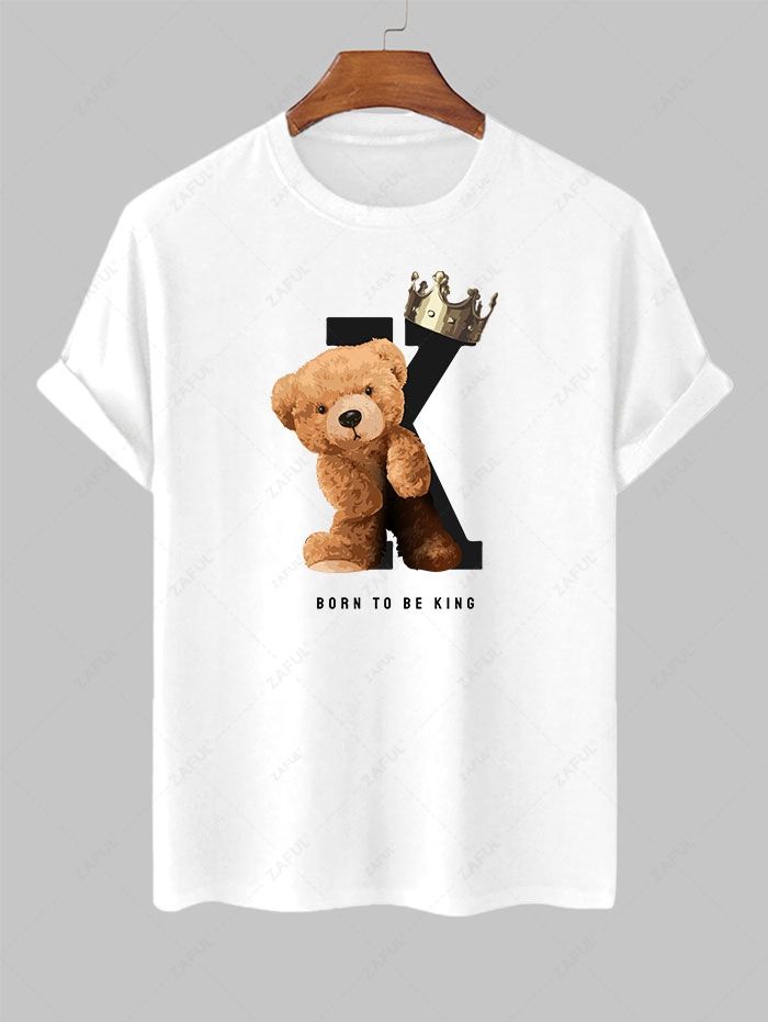 Men's Letter Crown Bear Graphic Printed Short Sleeves T-shirt