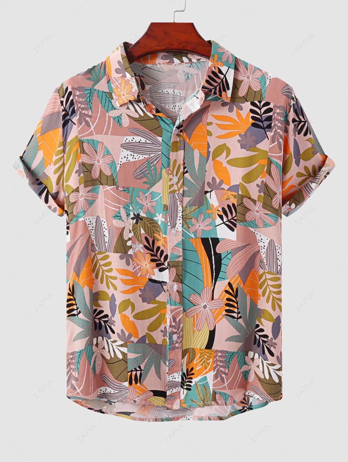 Men's Plant Leaves Print Button Up Short Sleeves Vacation Shirt Kosyway