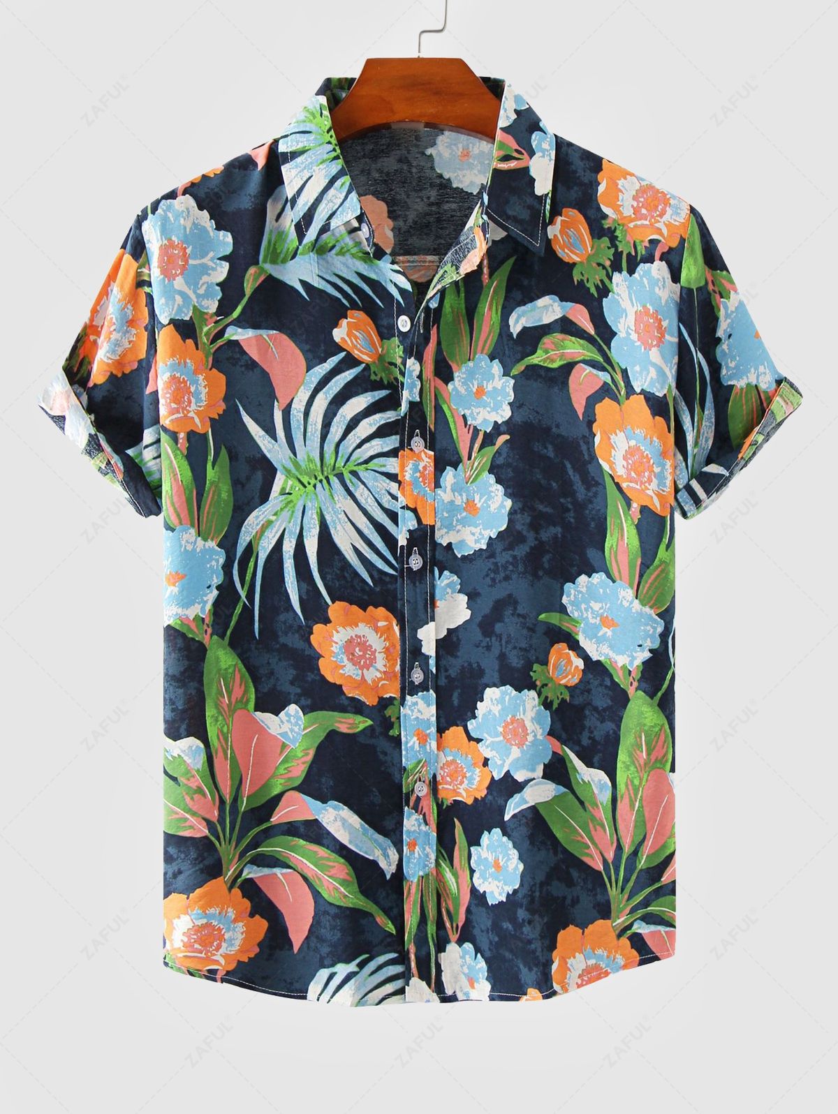 Men's Floral Leaves Print Button Up Short Sleeves Hawaii Vacation Shirt Kosyway