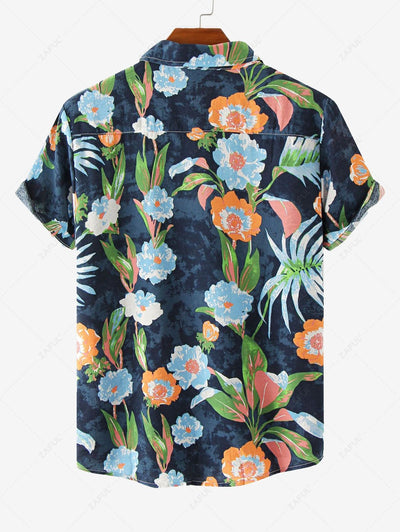 Men's Floral Leaves Print Button Up Short Sleeves Hawaii Vacation Shirt Kosyway