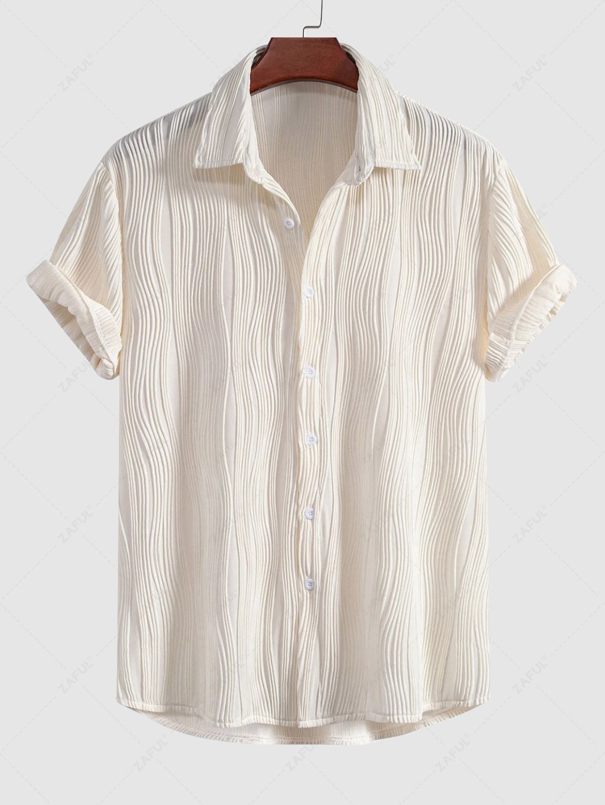 Men's Solid Color Wave Textured Button Up Short Sleeves Shirt