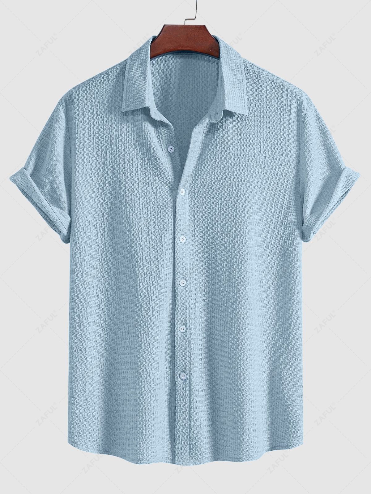 Men's Solid Color Crinkle Textured Button Up Short Sleeves Shirt