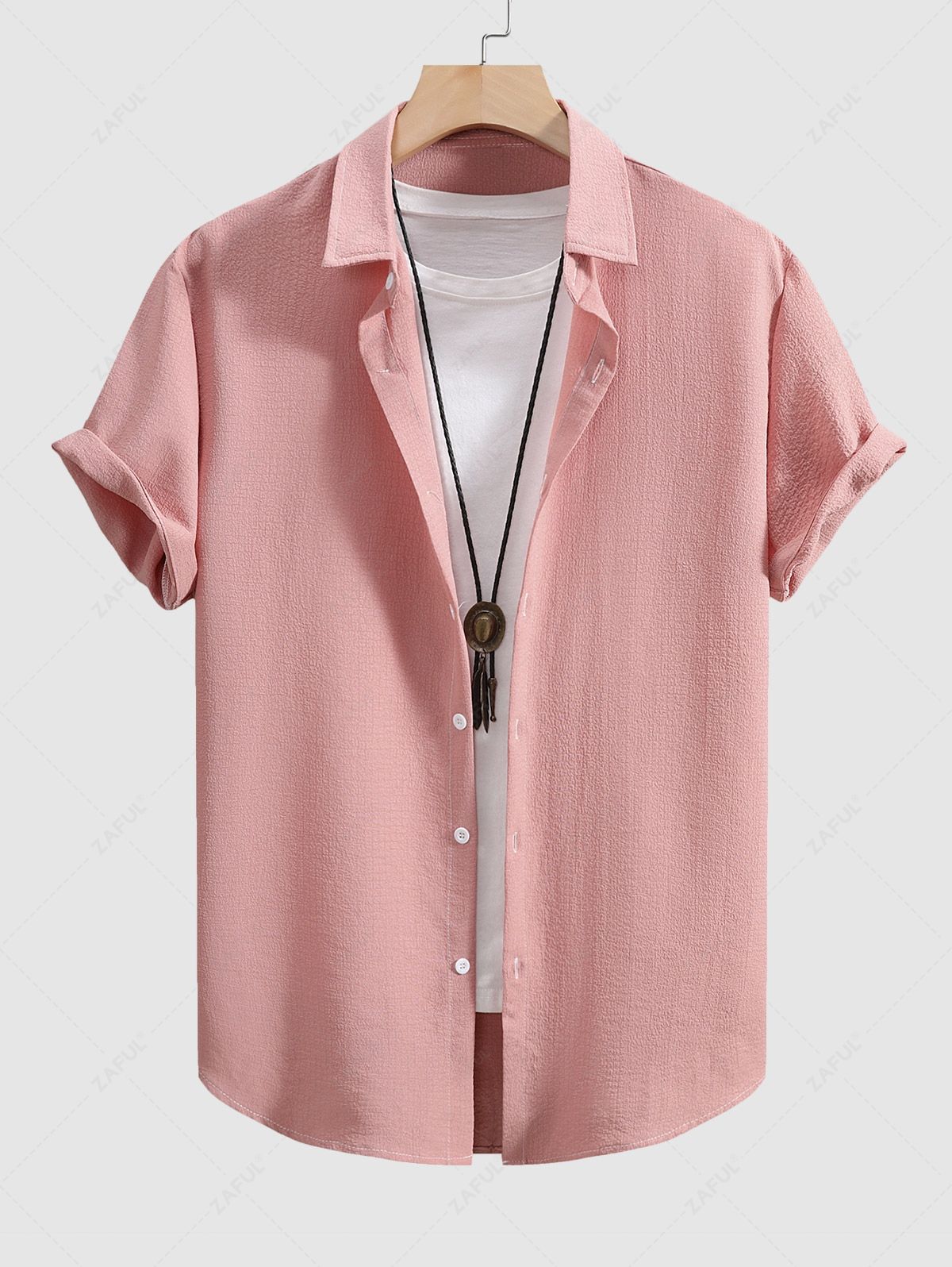 Men's Minimalist Style Textured Solid Color Button Up Short Sleeves Shirt Kosyway