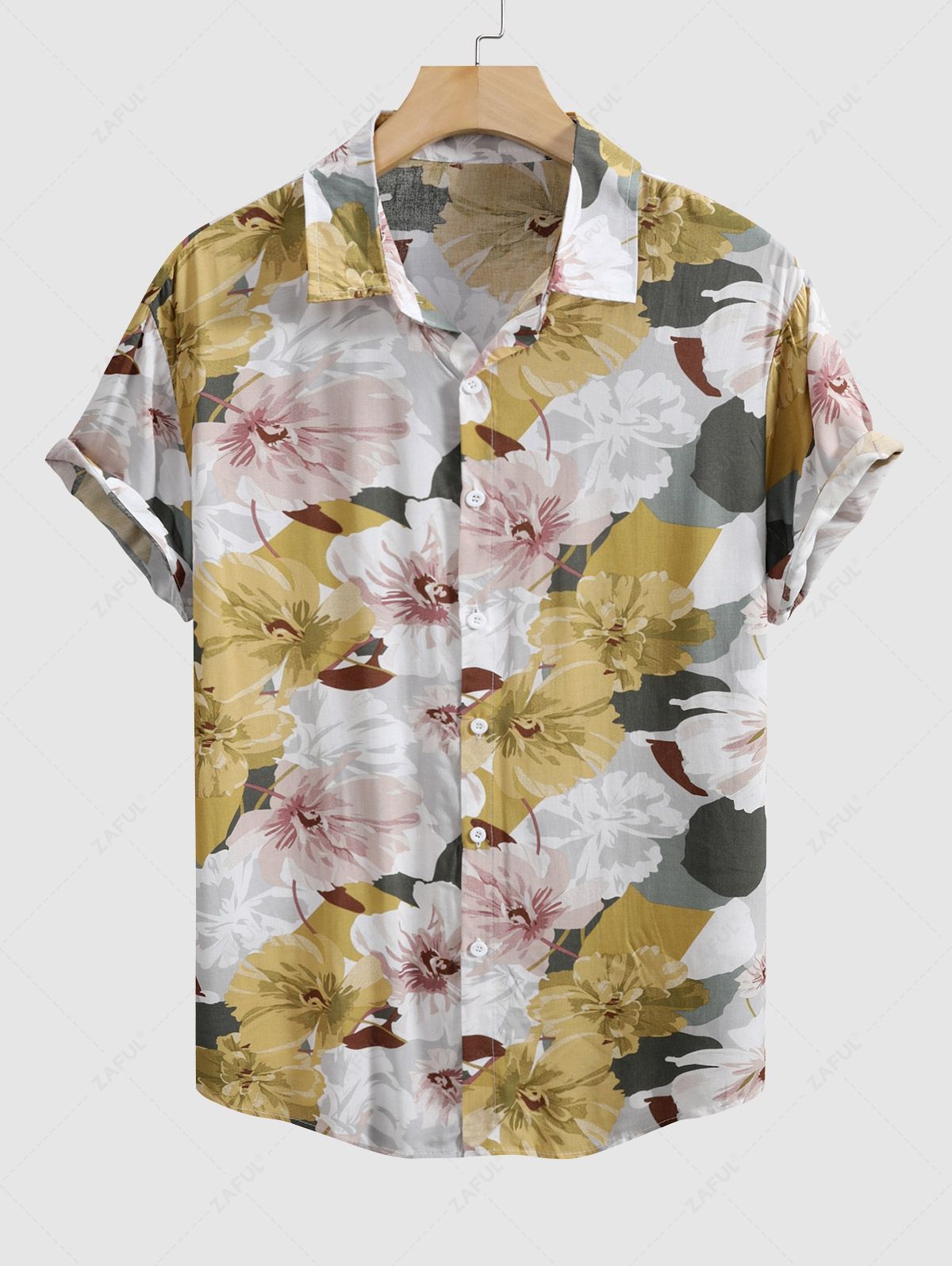 Men's Floral Print Button Up Short Sleeves Hawaii Vacation Shirt