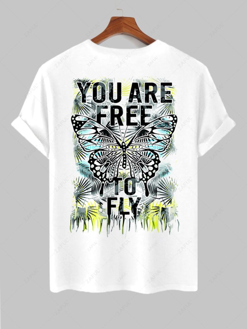 Men's Letter Leaves Butterfly Graphic Printed Short Sleeves T-shirt