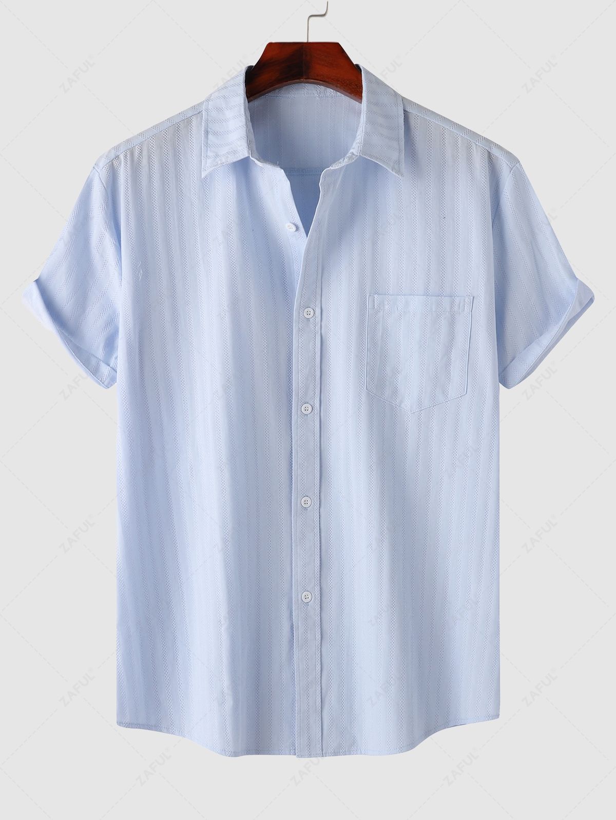 Men's Shadow Stripes Textured Front Pocket Design Button Up Short Sleeves Shirt