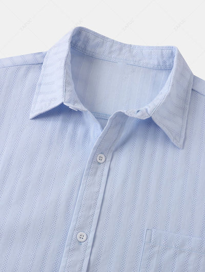 Men's Shadow Stripes Textured Front Pocket Design Button Up Short Sleeves Shirt