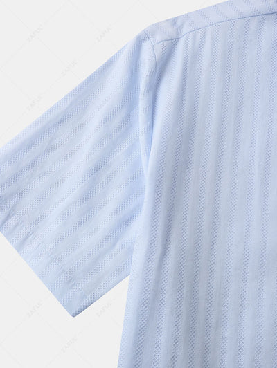 Men's Shadow Stripes Textured Front Pocket Design Button Up Short Sleeves Shirt