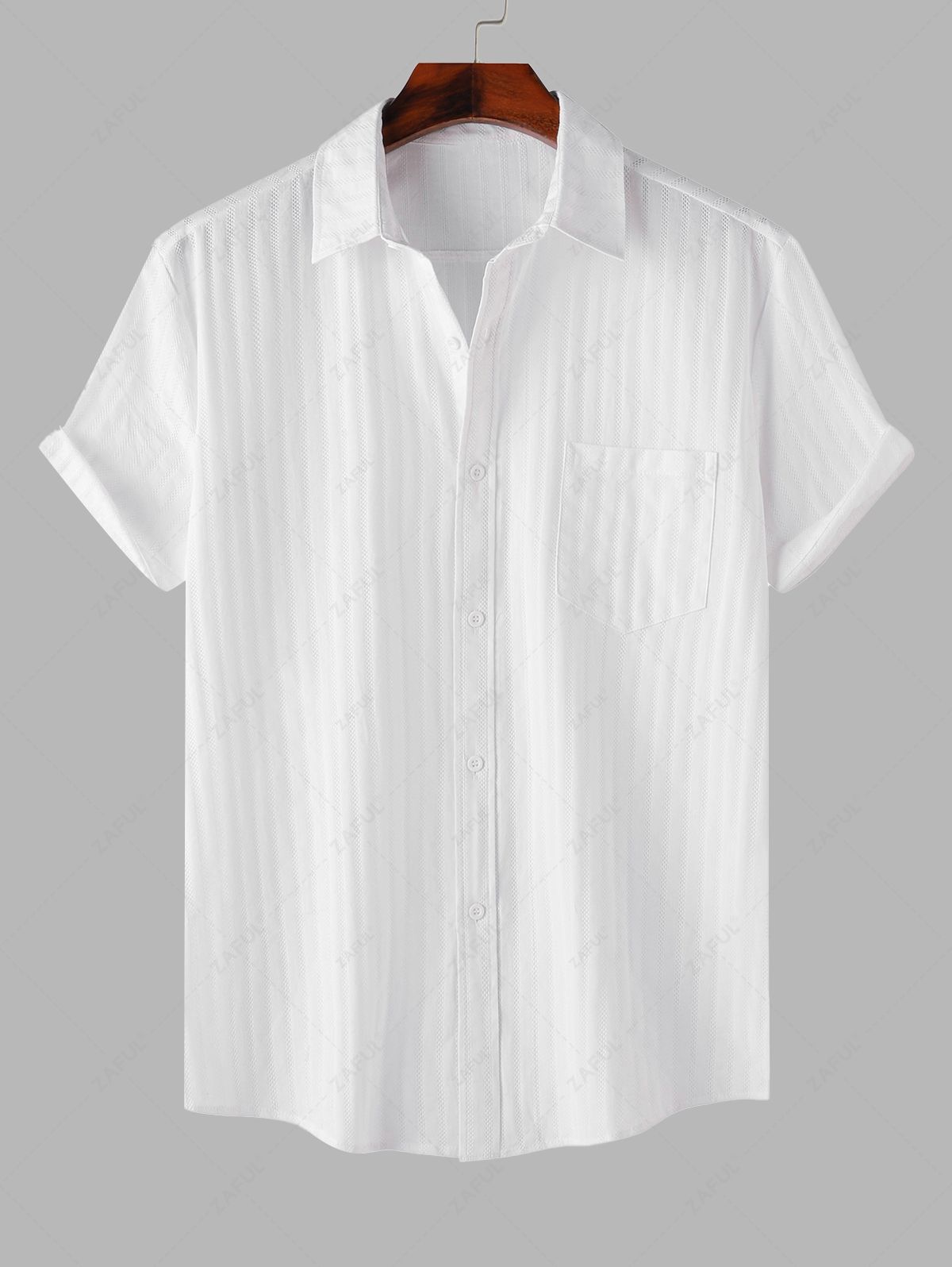 Men's Shadow Stripes Textured Front Pocket Design Button Up Short Sleeves Shirt