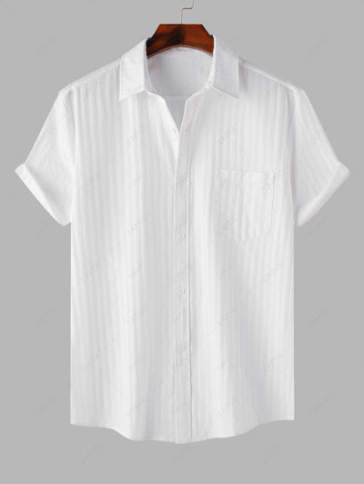 Men's Shadow Stripes Textured Front Pocket Design Button Up Short Sleeves Shirt Kosyway