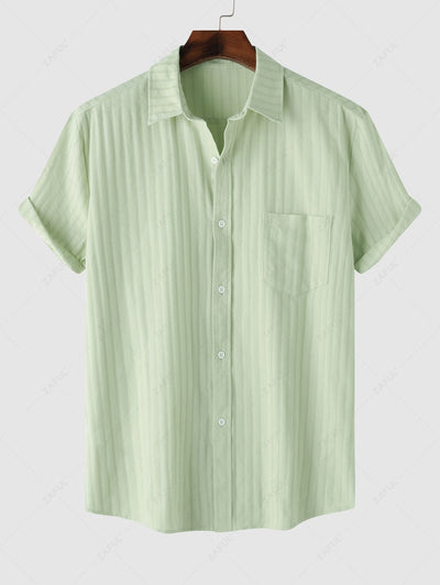 Men's Shadow Stripes Textured Front Pocket Design Button Up Short Sleeves Shirt