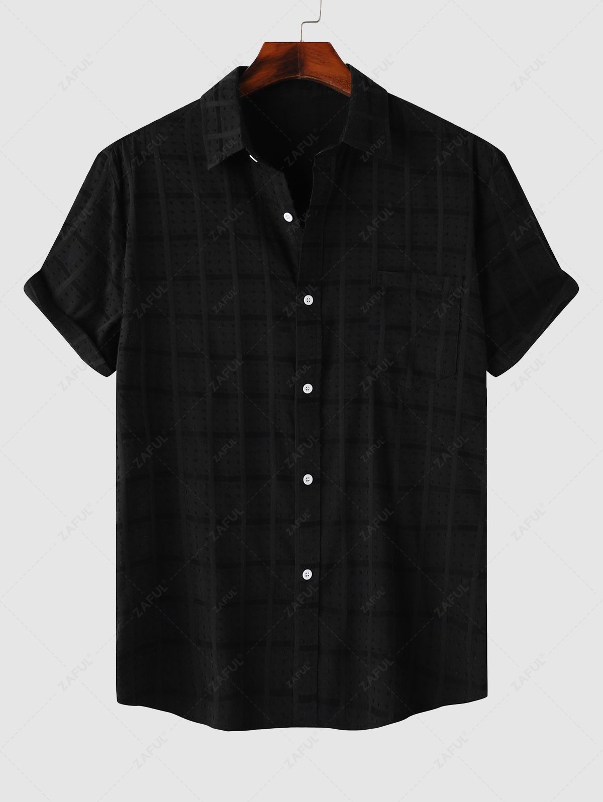 Men's Swiss Dot Jacquard Textured Plaid Front Pocket Design Button Up Short Sleeves Shirt Kosyway