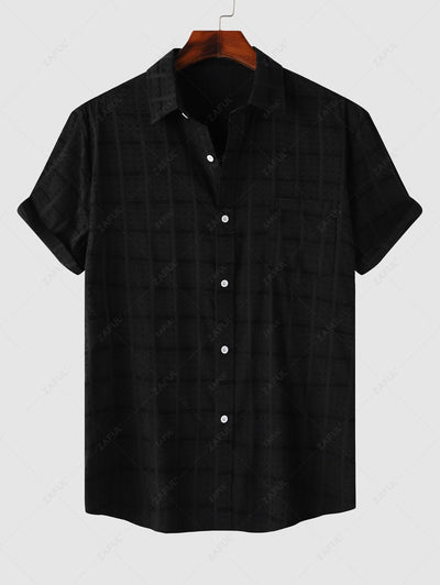 Men's Swiss Dot Jacquard Textured Plaid Front Pocket Design Button Up Short Sleeves Shirt