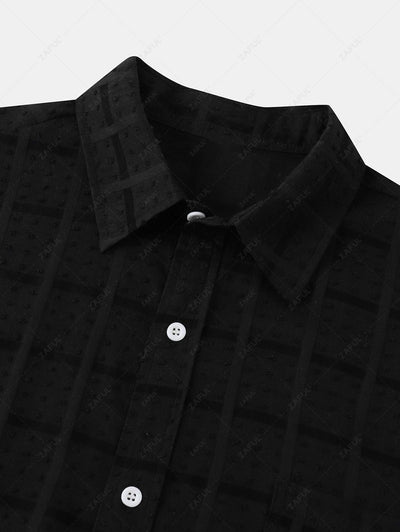 Men's Swiss Dot Jacquard Textured Plaid Front Pocket Design Button Up Short Sleeves Shirt