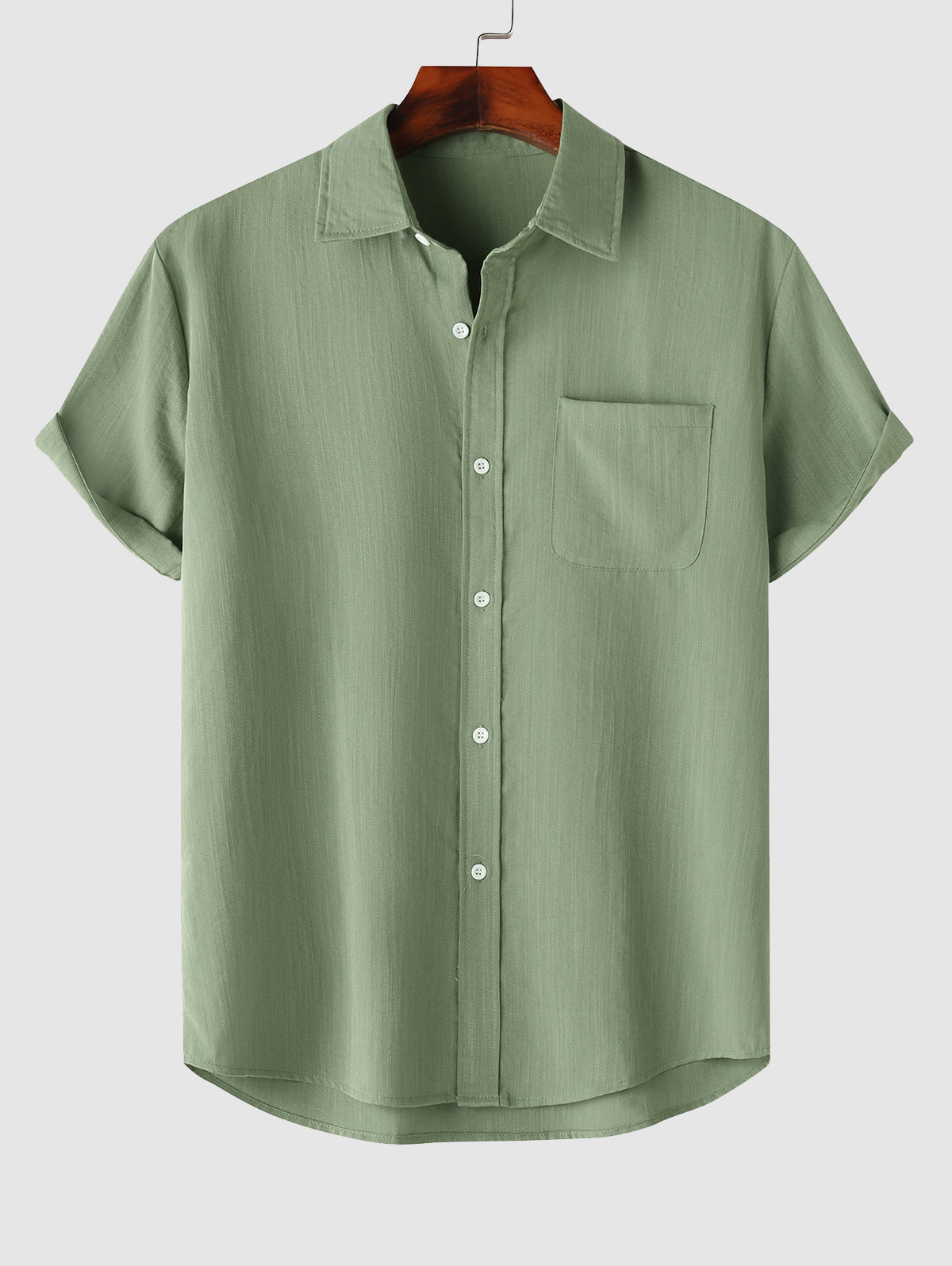 Men's Solid Color Basic Front Pocket Design Cotton and Linen Button Up Short Sleeves Shirt