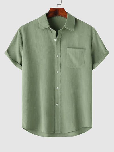 Men's Solid Color Basic Front Pocket Design Cotton and Linen Button Up Short Sleeves Shirt Kosyway