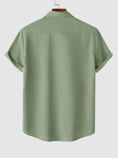 Men's Solid Color Basic Front Pocket Design Cotton and Linen Button Up Short Sleeves Shirt