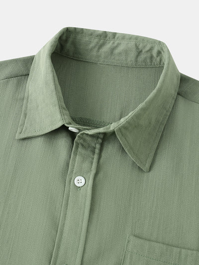 Men's Solid Color Basic Front Pocket Design Cotton and Linen Button Up Short Sleeves Shirt