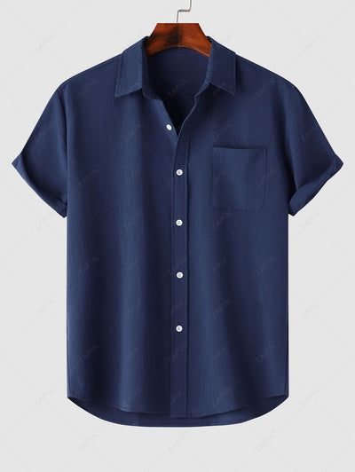 Men's Solid Color Basic Front Pocket Design Cotton and Linen Button Up Short Sleeves Shirt