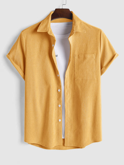 Front Pocket Design Solid Color Corduroy Short Sleeves Shirt