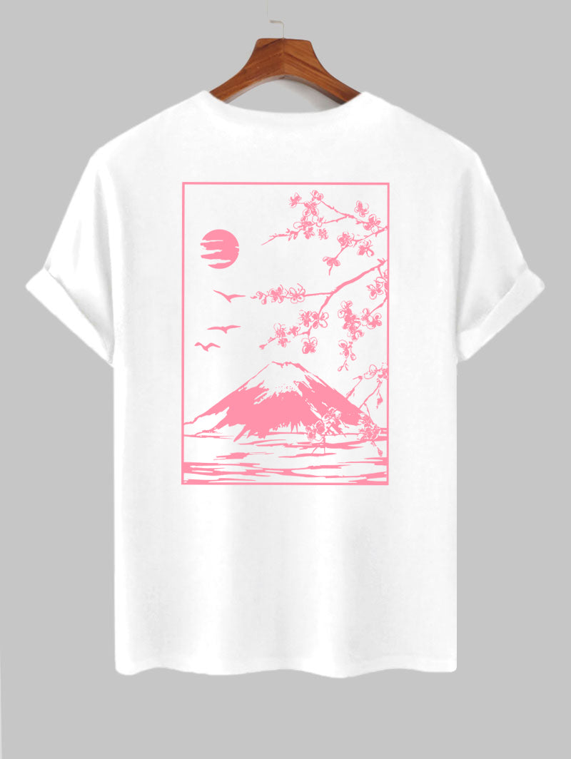 Men's Floral Cherry Blossom Mountain Birds Graphic Printed Short Sleeves T-shirt