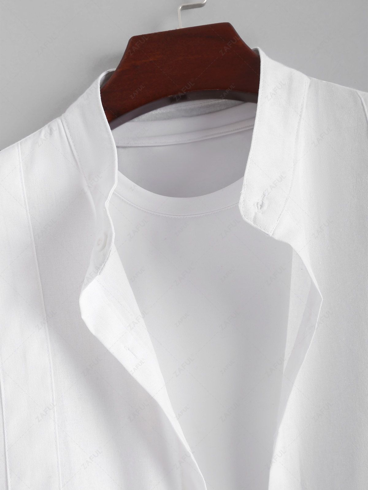 Men's Minimalist Style Solid Color Cotton and Linen Stand Collar Short Sleeves Shirt