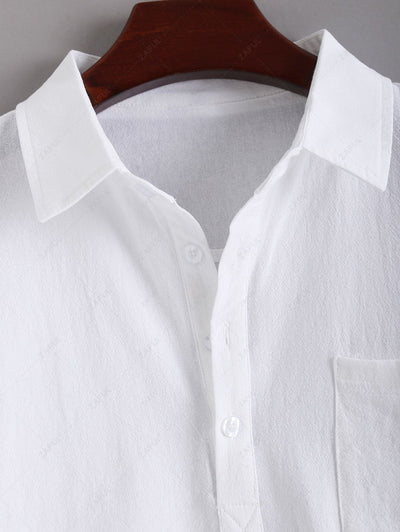 Men's Minimalist Style Cotton and Linen Half Button Front Pocket Design Popover Pullover Short Sleeves Shirt