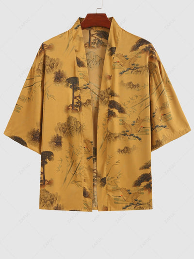 Men's Matching Two Piece Chinese Style Silky Satin Crane Plant Tree Open Front Kimono and Shorts Set