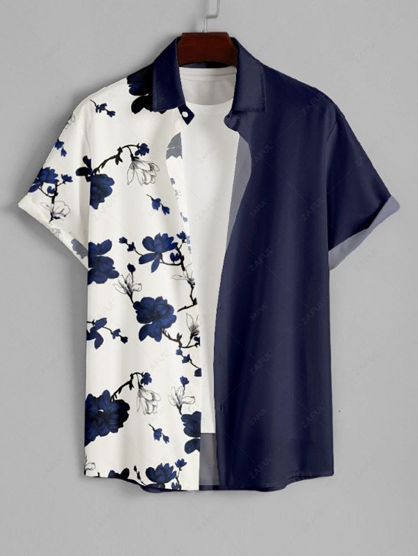 Men's Floral Printed Spliced Vacation Button Up Short Sleeves Shirt